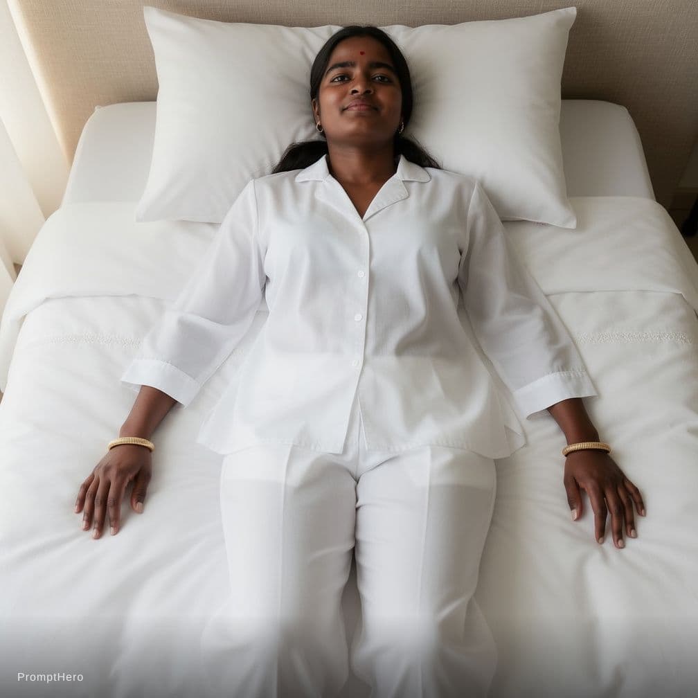 AI generated: Create a high-resolution photograph of a fit adult woman lying on her back in a bed covered with pri...