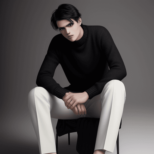 AI generated: Photography for fashion magazine, model man with black hair sitting looking at the camera, wearing a...