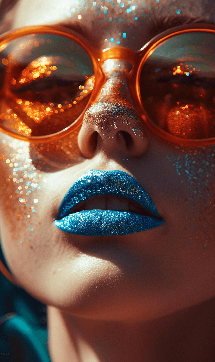 AI generated: close up portrait of woman with orange sunglasses and blue lipstick, glitter on her face, sun rays, ...