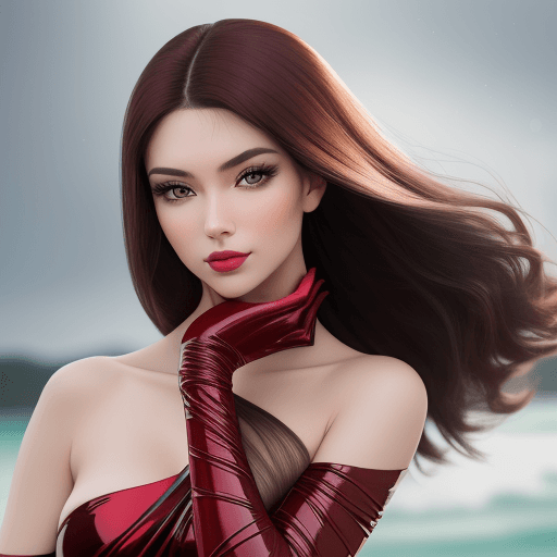 AI generated:  «Promotional photo of a posing beautiful model in red wrap, dark hair, cosmetology, shiny/glossy, c...