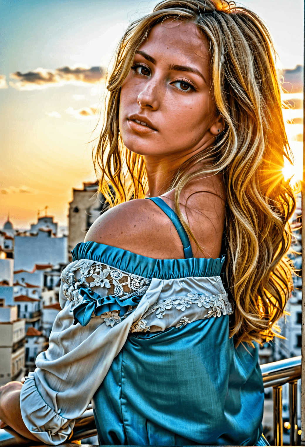 AI generated: HDR photo of medium close-up of a woman, from behind, with blonde highlights, looking over her shoul...