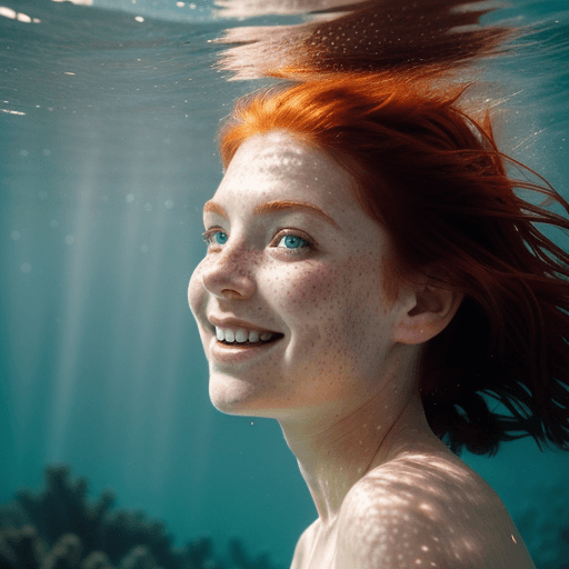 AI generated: photorealistic amazingly beautiful girl underwater looking away from camera, dark, tiny bubbles from...