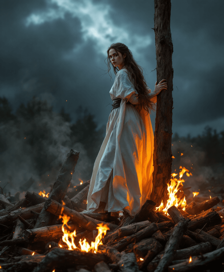 AI generated: A beautiful ultra-realistic 15-year-old Joan of Arc standing on a jumbled up pile of wood logs.  Her...