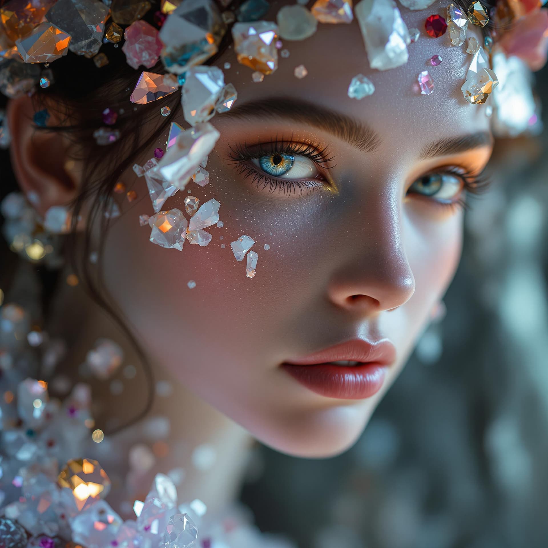 AI generated: Hyperreal portrait of a mystic woman with crystal shards growing directly from her skin, her hair ad...