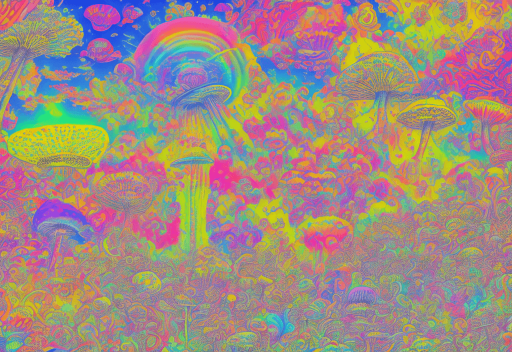 AI generated: Hyper realistic Psychedelic air ticket, with draw of mushrooms, happiness, colorful, name of the pas...