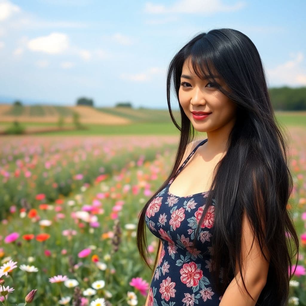 AI generated: 48 year old, Female, Chinese, 5'3" 185 lbs., very long black hair, curvy figure, full body, standing...