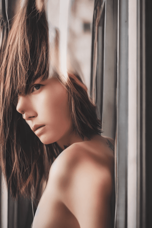AI generated: portrait photo of a stylish beautiful girl in a future convenience store, asymmetric hair cut, cyber...