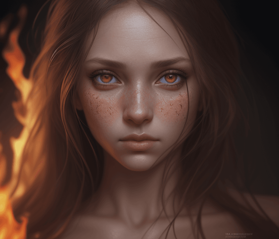 AI generated: female looking at viewer, fire in the eyers, portrait, photography, detailed skin, realistic, photo-...