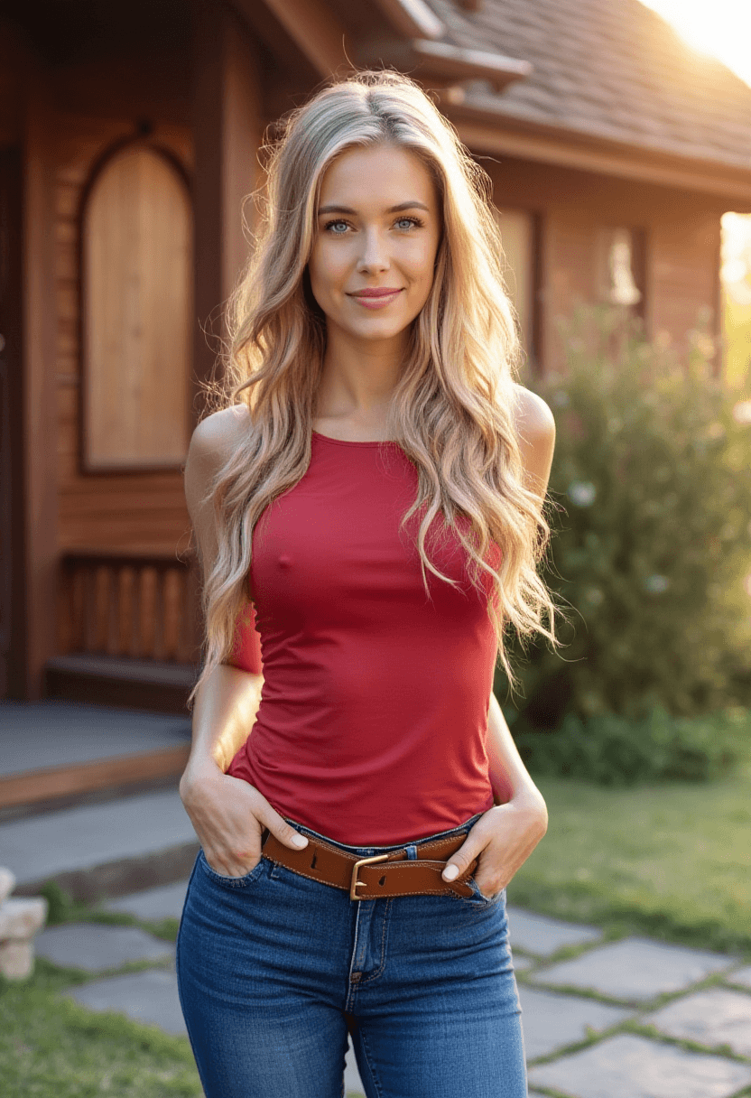 AI generated: "Create a photorealistic interpretation of a fit adult woman standing in front of a rustic wooden ho...