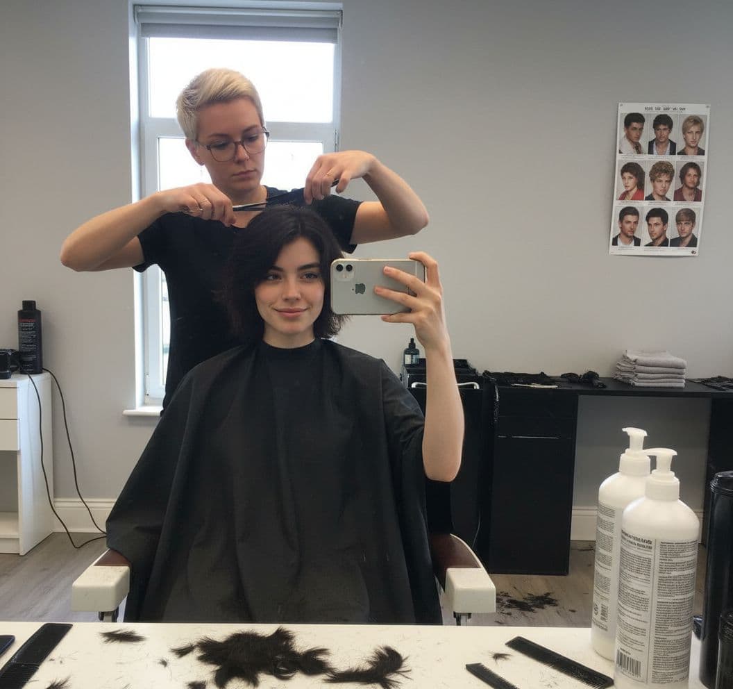 AI generated: a shot of her at the barber cutting her hair, shot taking as a mirror selfie from her iphone
