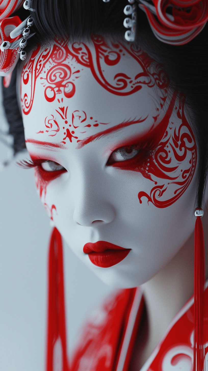 AI generated: japanese girl with red and white painted face, in the style of gothic futurism, monochromatic symmet...