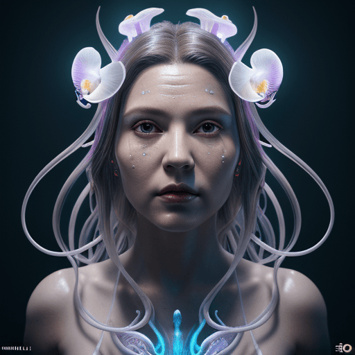 AI generated: Goddess close-up portrait ribcagel. jellyfish phoenix head, nautilus, orchid, skull, betta fish, bio...