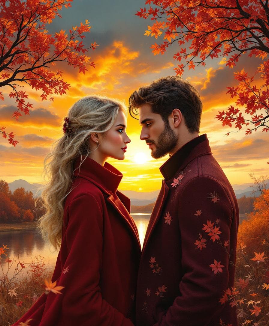 AI generated: On a vibrant autumn hill, a striking blonde woman in an elegant maroon red coat stands face-to-face ...
