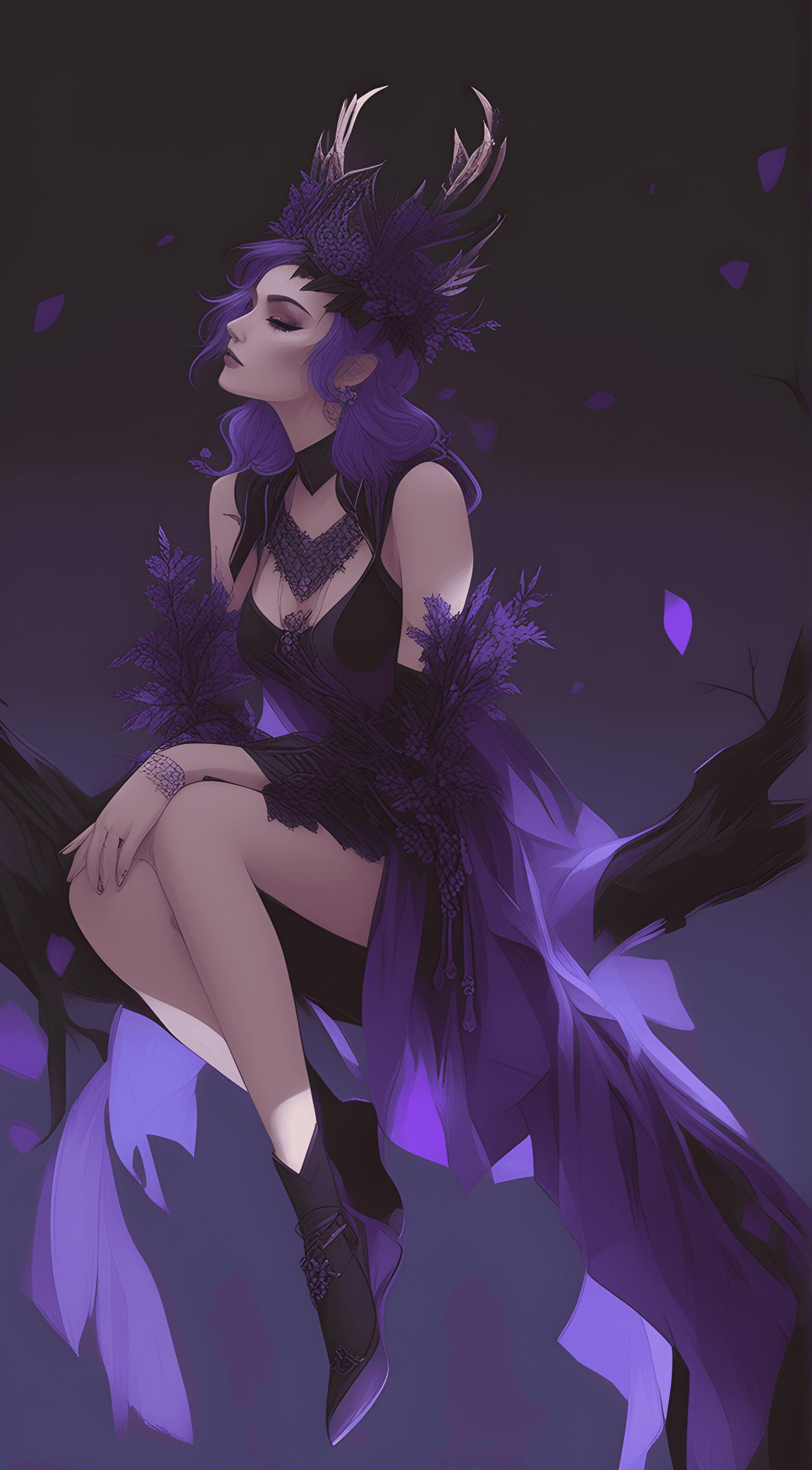 AI generated: a woman sitting on top of a tree branch, beautiful elf with violet skin, purple and black clothes, d...
