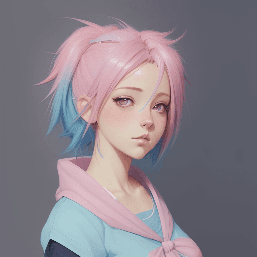 AI generated: a drawing of a girl with pink and blue hair, a digital painting, pixiv, detailed painting 4 k, krenz...