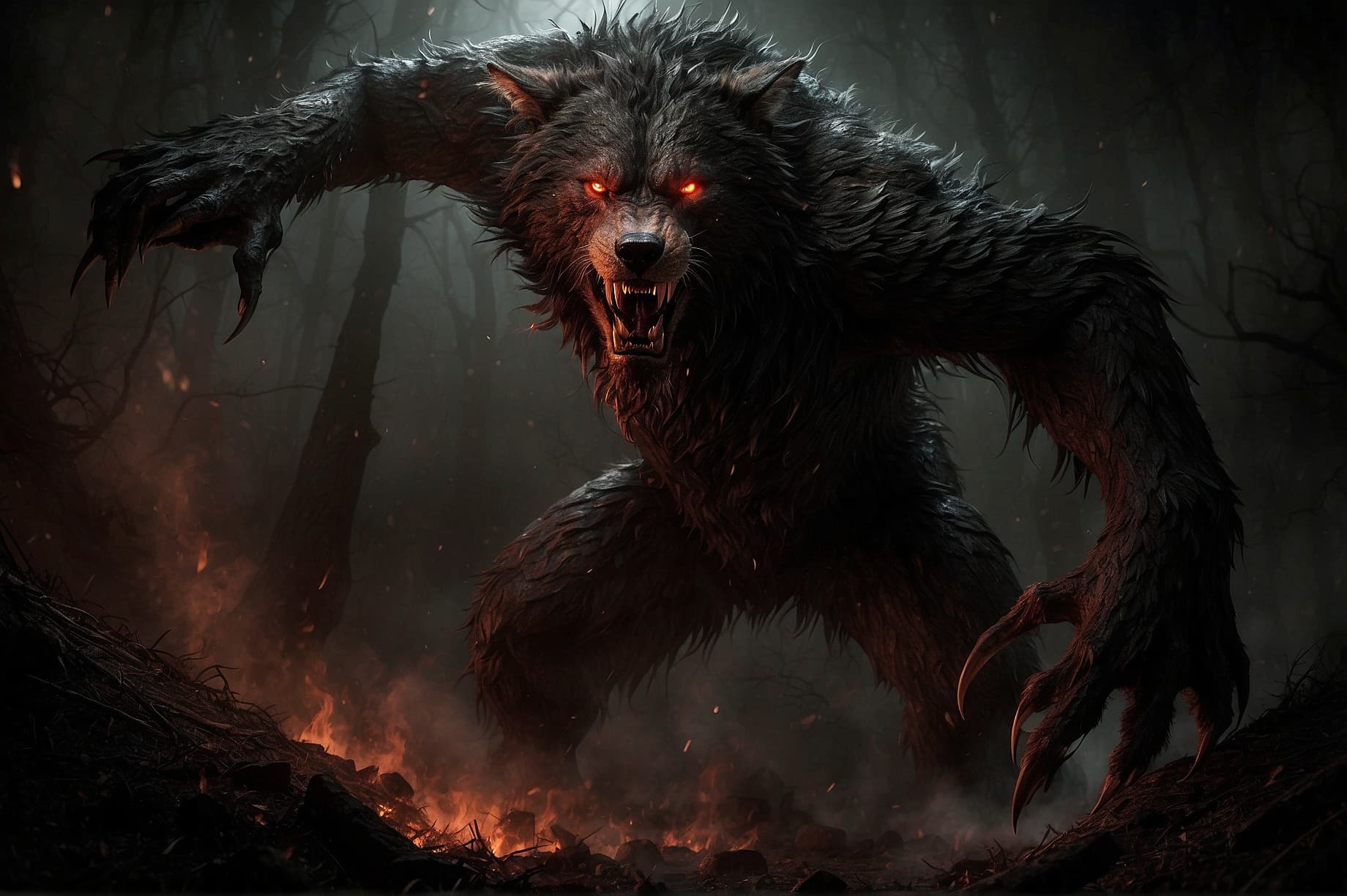AI generated: "Create a chilling image of an evil werewolf emerging from the depths of hell. The werewolf is a gro...