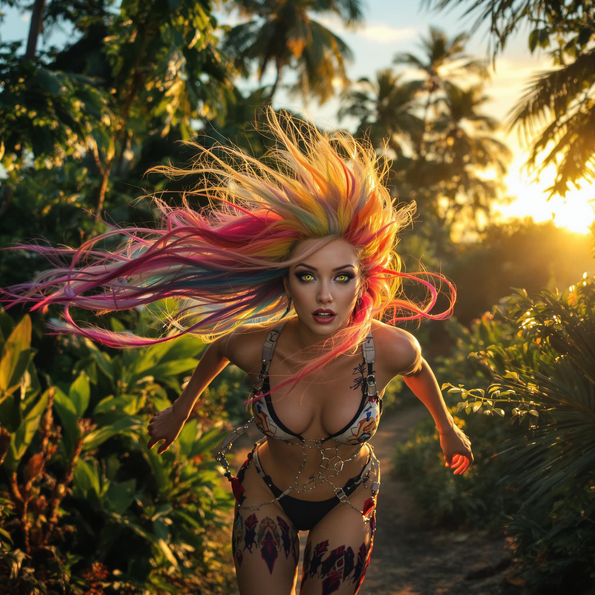 AI generated: beautiful angle view of Species woman individual from another planet with multicolored hair, beautif...