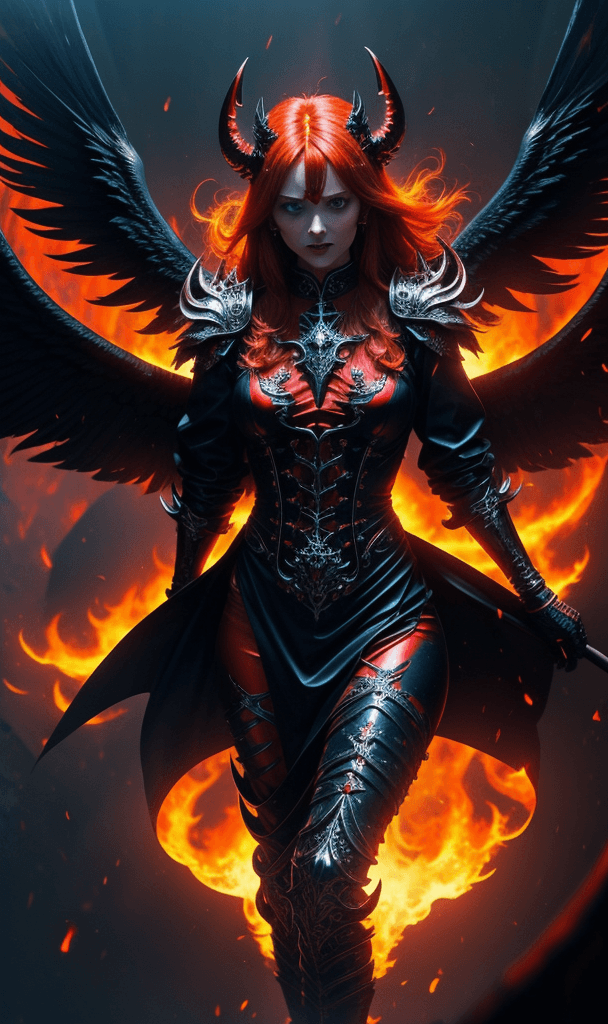 AI generated: Satan in heaven, fiery outfit , vast black wings , in front of a foggy light