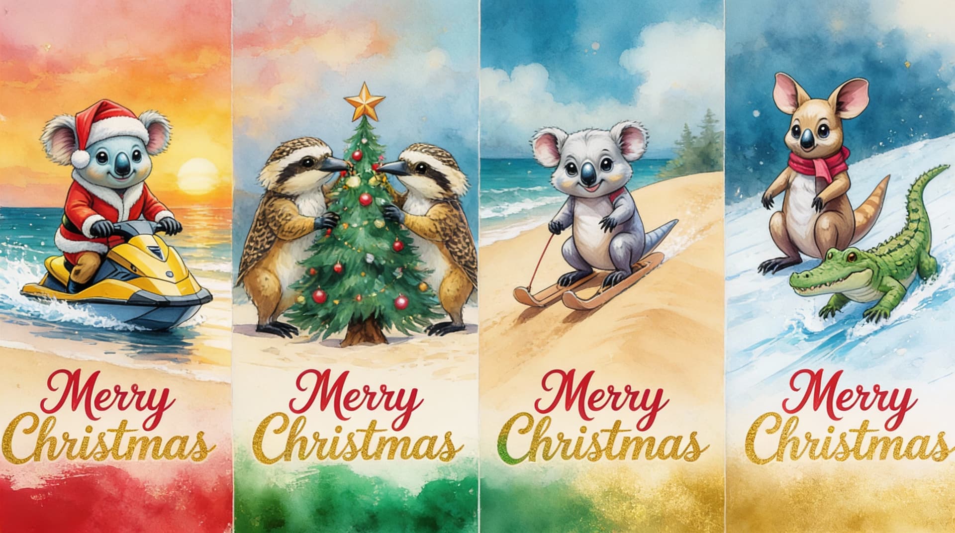 AI generated: A quartet of hand-painted holiday treasures, rendered in lush watercolor and ink wash. The words "Me...
