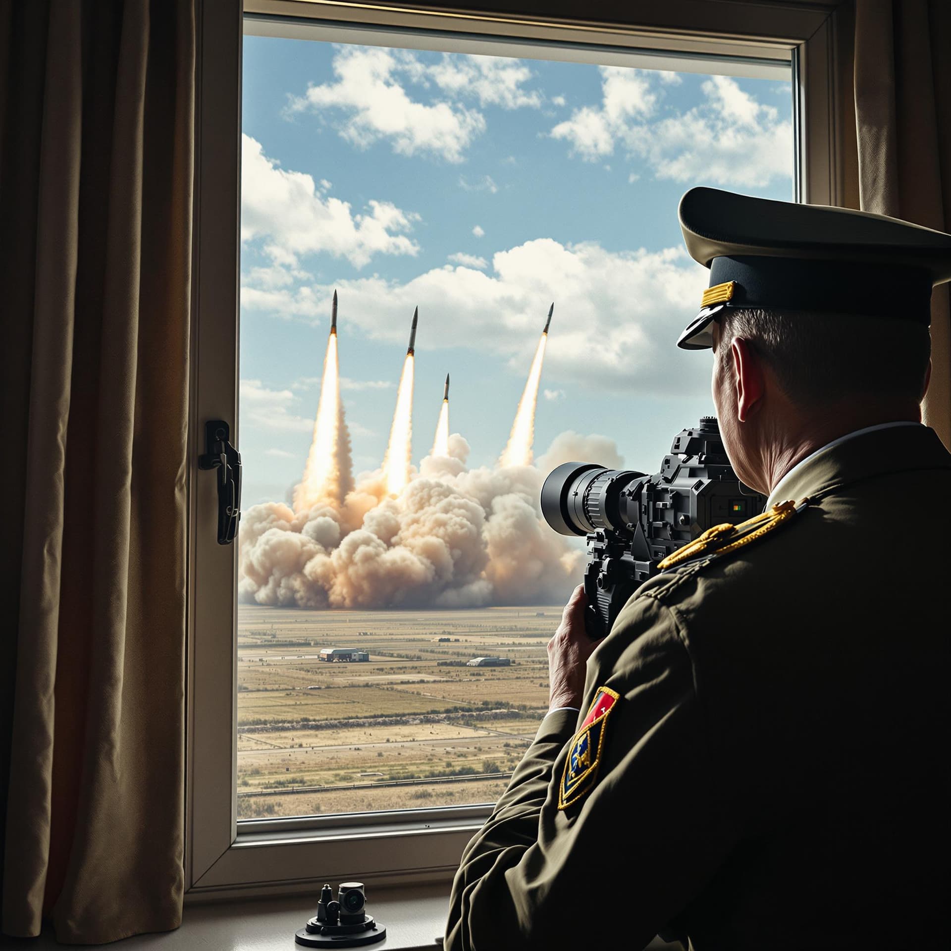 AI generated: The camera zooms in from behind the army general towards the window, showing the sky as several ball...