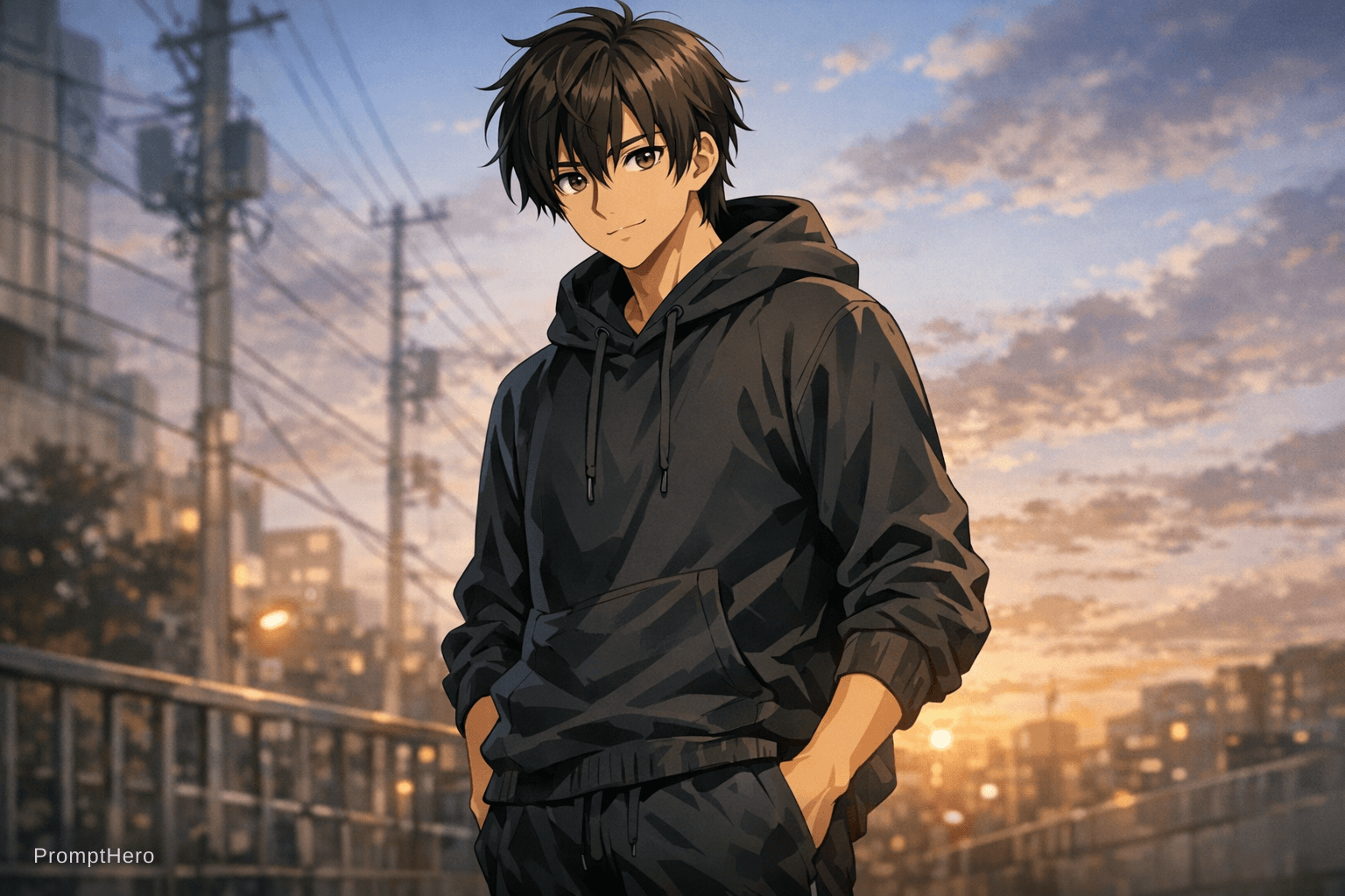 AI generated: Japanese anime artwork featuring male character. he has medium skin tone with dark brown hair and br...