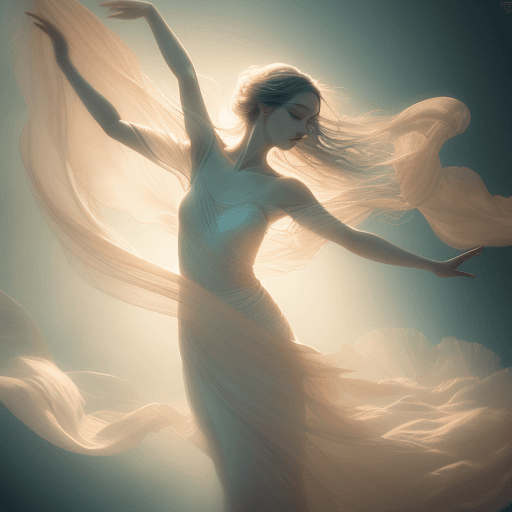 AI generated: In a surreal dance of delicate movement, the ethereal beauty is captured in this portrait of a midai...
