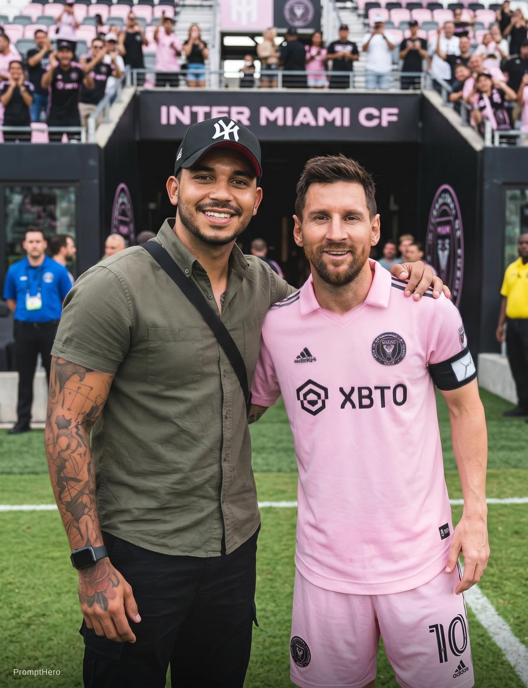 AI generated: Me standing beside messi in football ground 