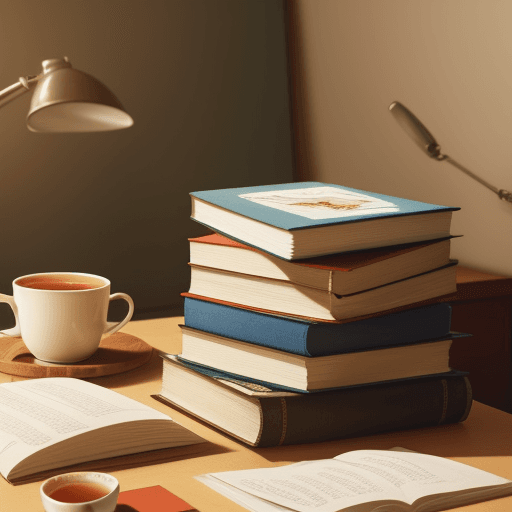 AI generated: A stack of books on the office desk with a cup of tea beside it, cartoon