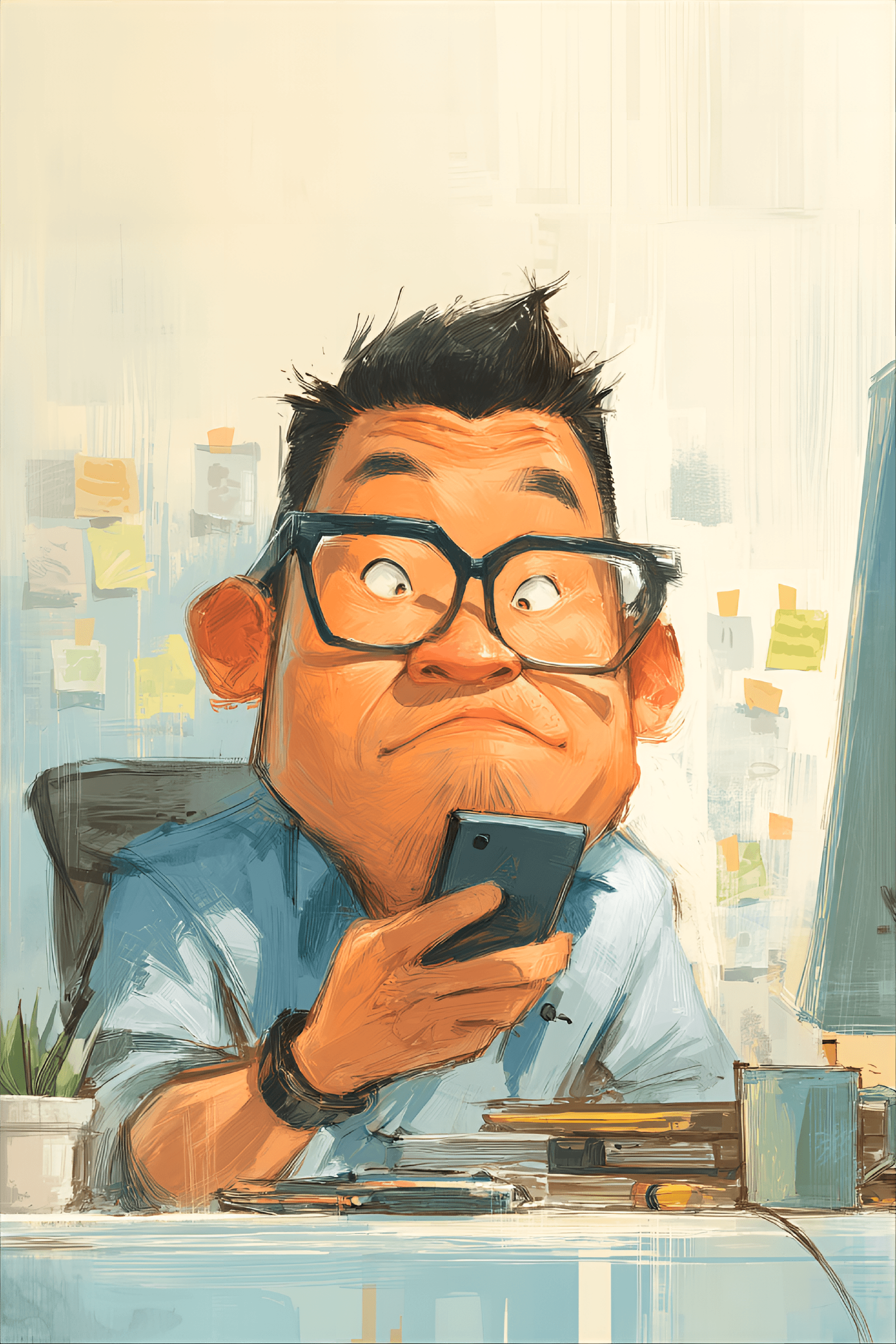 AI generated: funny caricature, tech billionaire caricature, middle-aged asian male, 40 years old, distracted, sma...