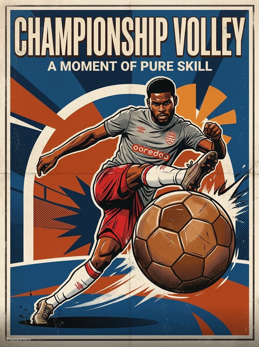 AI generated: Poster style, retro sports illustration. A soccer player in red shorts, gray jersey, and white socks...