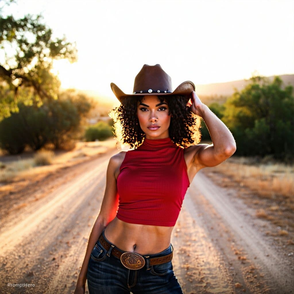 AI generated: A cinematic, photorealistic full-body portrait of a fit woman standing on a sun-drenched dirt road a...