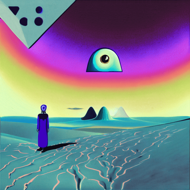 AI generated: album cover illustration of a strange mysterious desolate desert with blue sand , painting like ,blu...