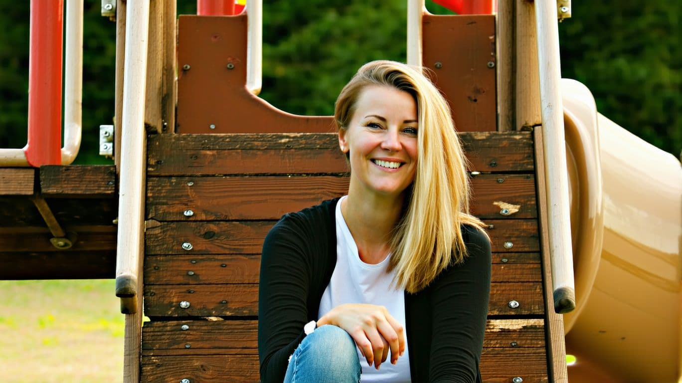 AI generated: A woman sits on a wooden outdoor playground structure, her expression relaxed and smiling,  showing ...