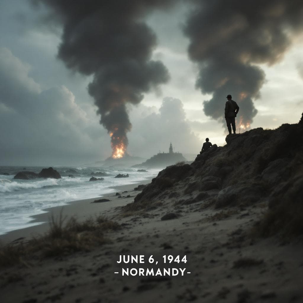 AI generated: Create a dynamic, cinematic landscape image of D-Day. Bottom-centered text that reads: "June 6, 1944...