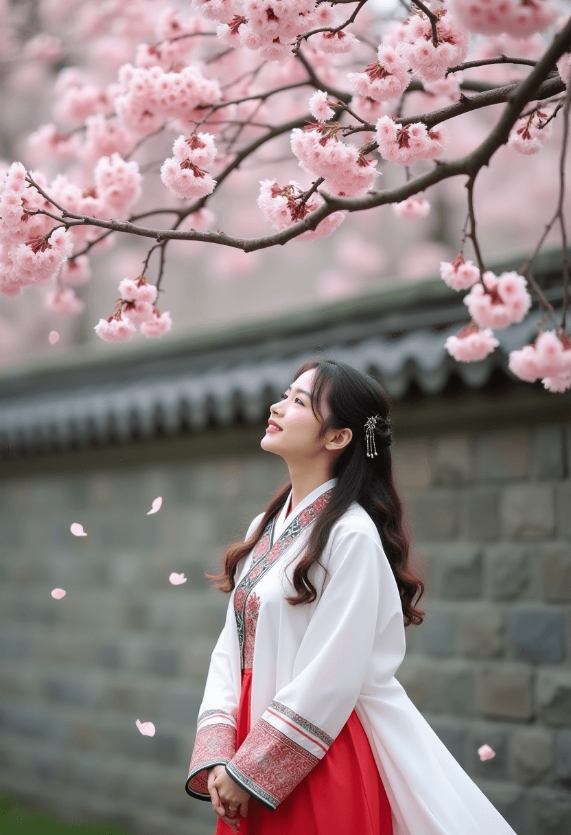 AI generated: A woman in a traditional Chinese Hanfu dress, white kimono with red and black patterned sleeves, and...