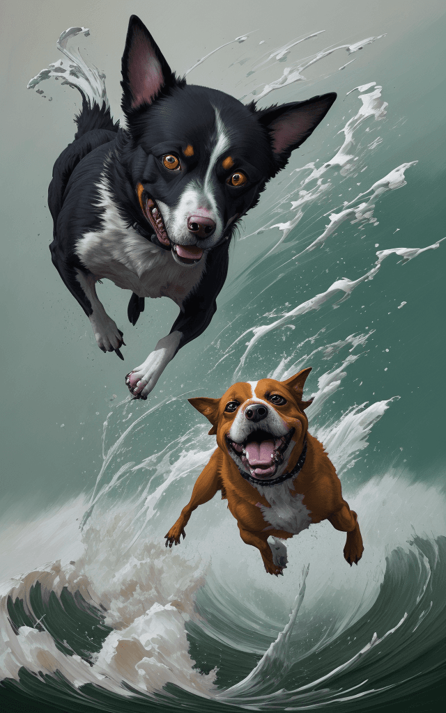AI generated: Acrylic painting of a demented dog, vivid and expressing an intense emotion as it launches forward i...