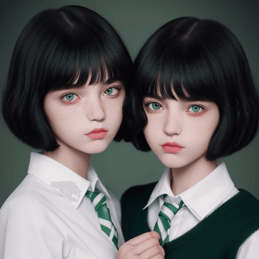 AI generated: two twin girls, 11 years old, with shoulder-length short hair and half of the face is covered with b...