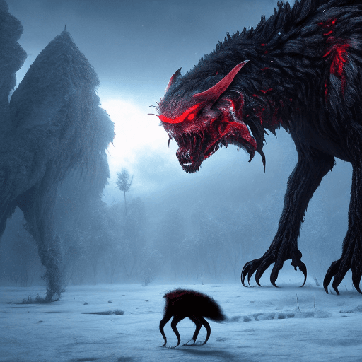 AI generated: Starvation black monster wolves with red eyes, fight in the ice age Scenery, : concept art::1 cyberp...