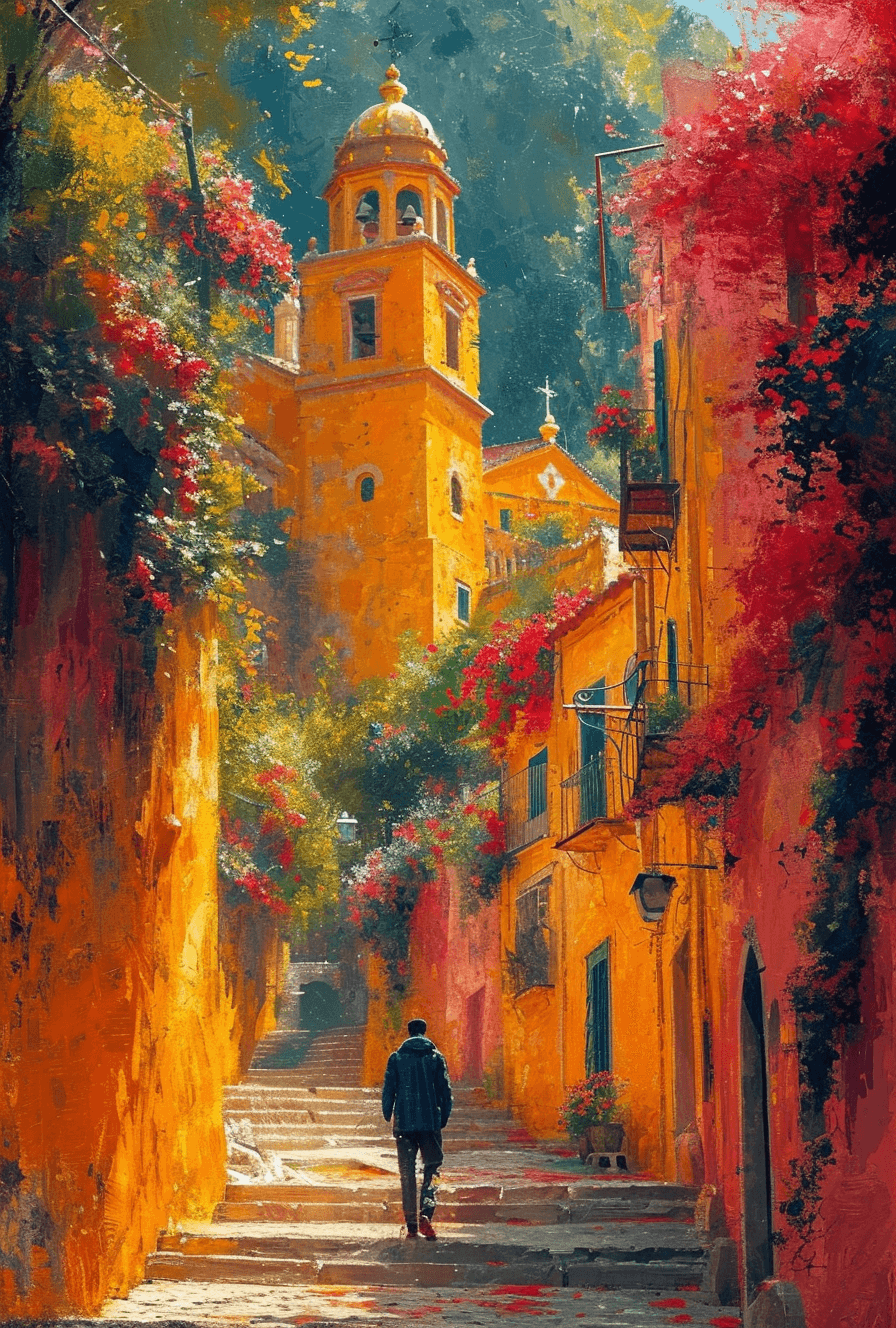 AI generated: a person is walking down a street with stairs and a church with a yellow roof, in the style of exoti...