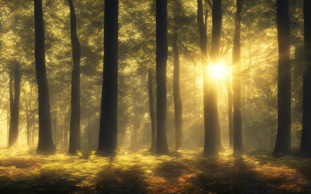 AI generated: An old forest with big trees. Light rays from the sun are shining through the leaves. Cinematic, pho...