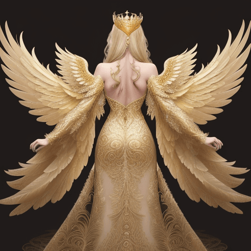 AI generated: A men adorned in a golden, intricately designed gown that cascades down to the ground. She is also w...