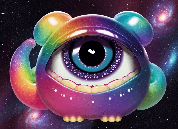 AI generated: communal galaxy of realistic pascal colorful roll up sour sweet mascot. It has two large glassed eye...