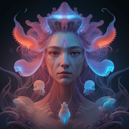 AI generated: Goddess close-up portrait ribcagel. jellyfish phoenix head, nautilus, orchid, skull, betta fish, bio...