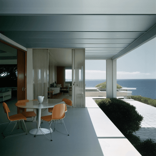 AI generated: Hyper realistic eye level exterior photo of a mid century modern style house overlooking the ocean, ...