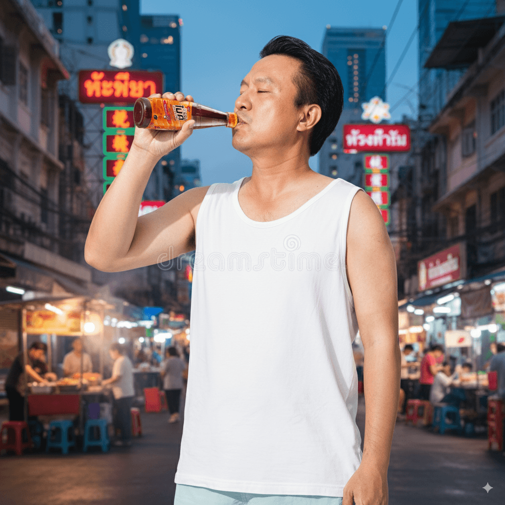 AI generated: Create a realistic 8k image of the man in image 1 drinking from the bottle in image 2 using the pose...
