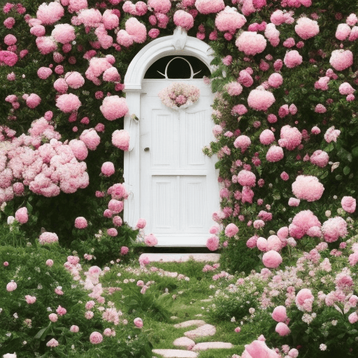 AI generated: --h 2160 --w 3840 a full size ornate pink door in a field of white and pink peonies and roses. Paste...