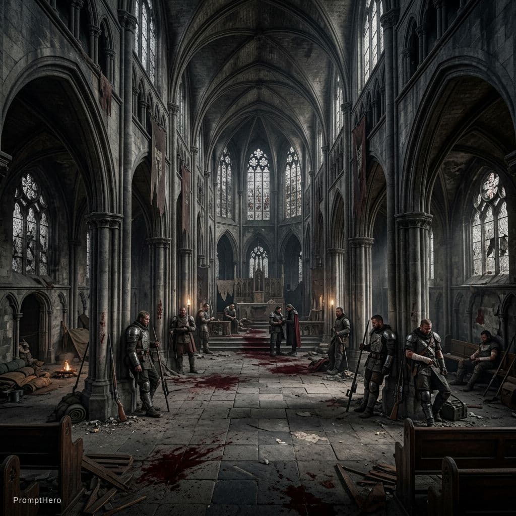 AI generated: A CHURCH, GOTHIC, IN A DISTOPIC WORLD, WITHTEN  WARRIORS INSIDE, TOO MUCH BLOOD