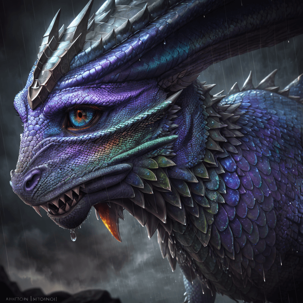 AI generated: A closeup side shot of a (rainbow colored scales) single male (dragon:1.2), his eyes gleaming with i...