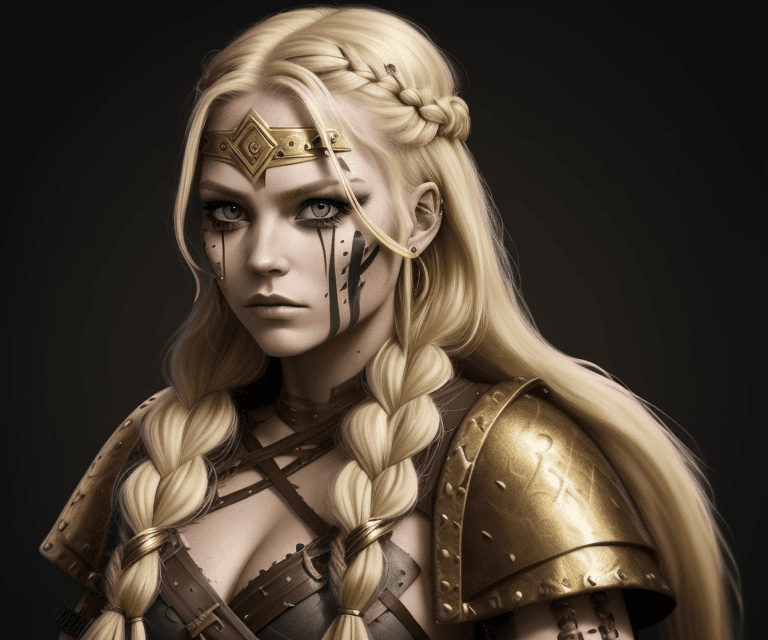 AI generated: Viking warrior woman with braided hair, wearing war paint on her face, gold accessories in her long ...