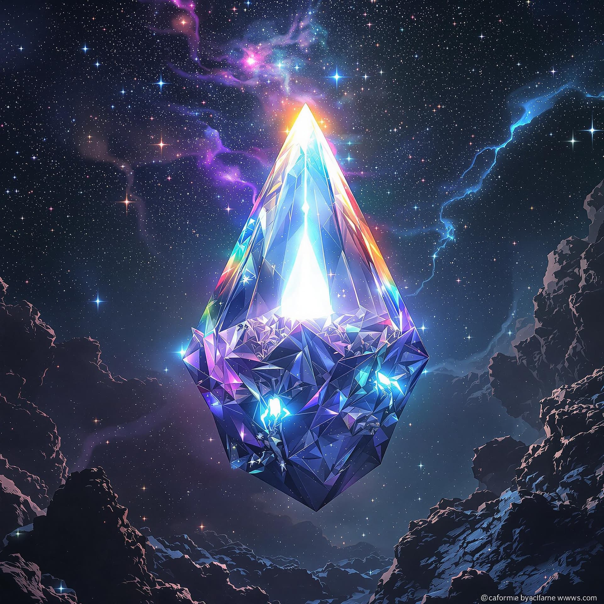 AI generated: A giant, clear prism in outer space with white entering it emerging on the other side in multiple co...